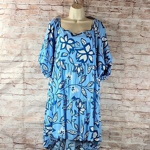 Easel Plus Blue Flowers Printed Tiered Ruffle Bottom Midi Dress